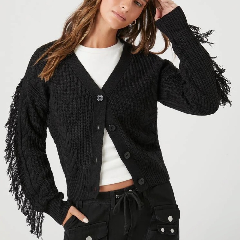 FCT With Love Black Fringed Cable Knit Cardigan